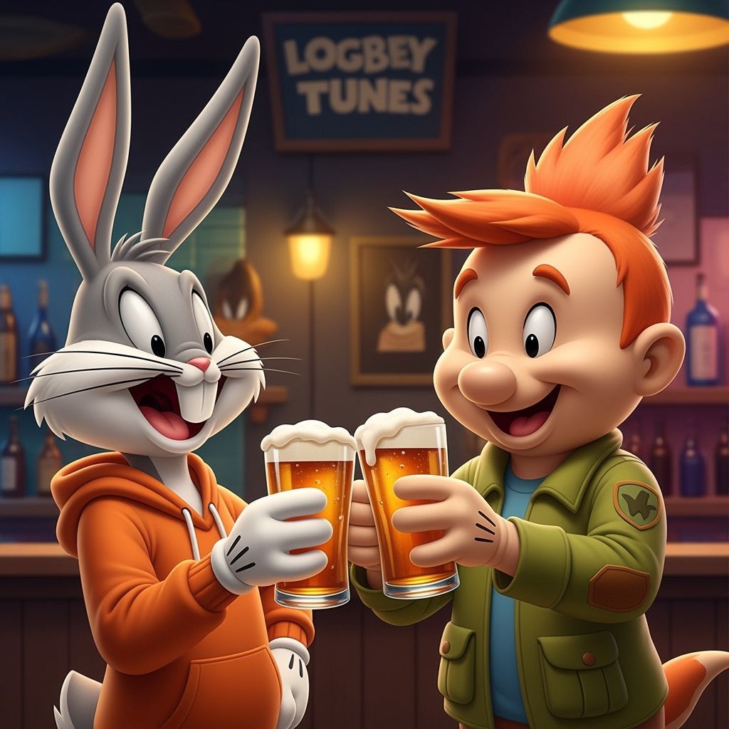Bugs Bunny & Elmer Fudd Enjoying Beer in Looney Tunes Bar