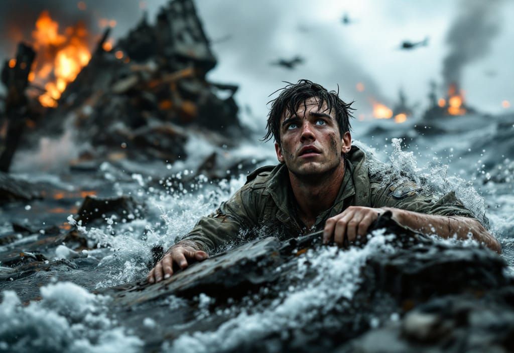 Wreckage of Torpedoed Boat in Dramatic Seascape