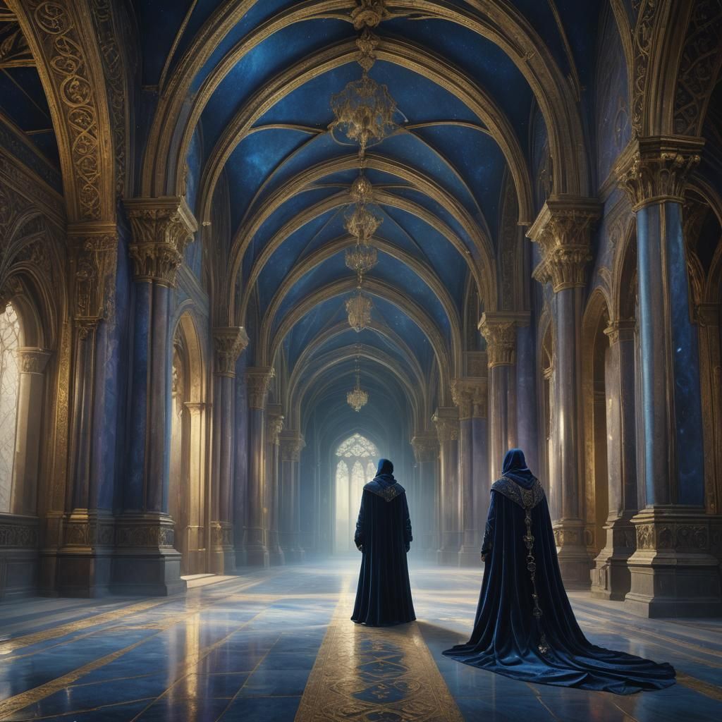 Mysterious Figure in Blue Velvet Cloak
