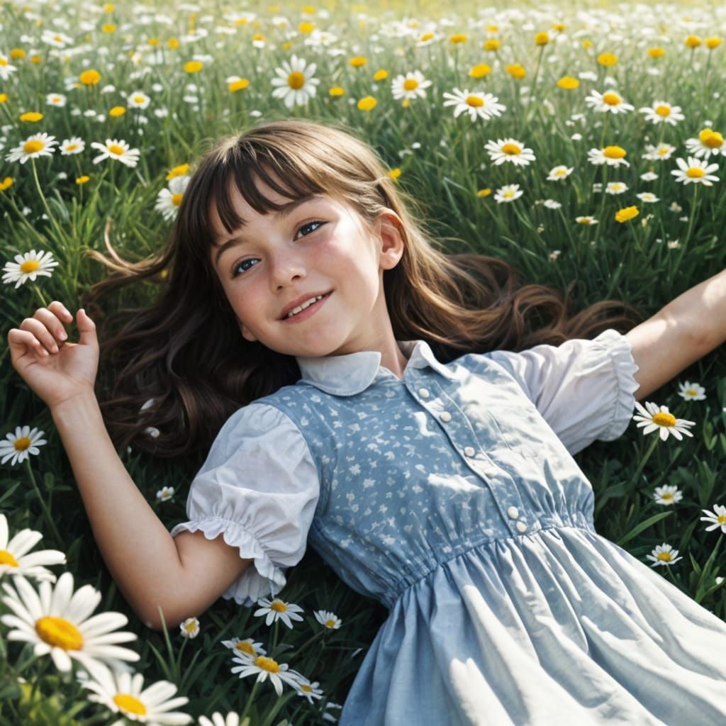 Joyful Girl in Daisy Meadow on Sunny Day