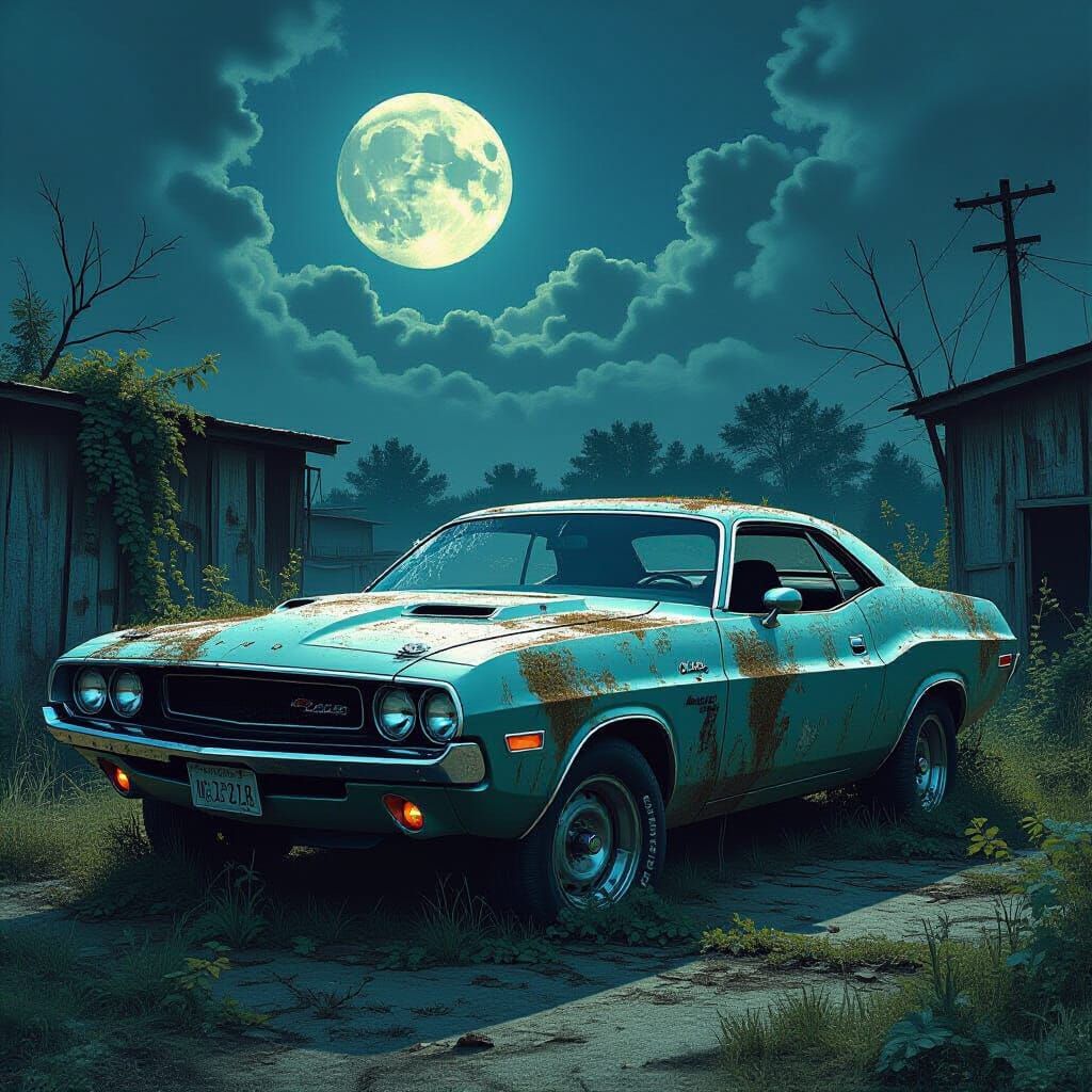 Abandoned 1970 Dodge Challenger in Moonlit Junkyard