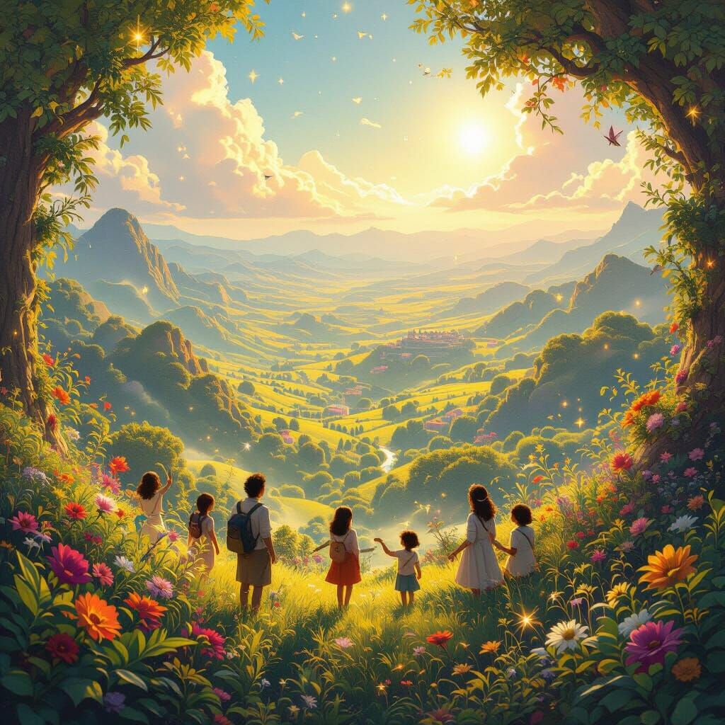 Joyful World Vista: Harmonious Life in Golden Sunlight