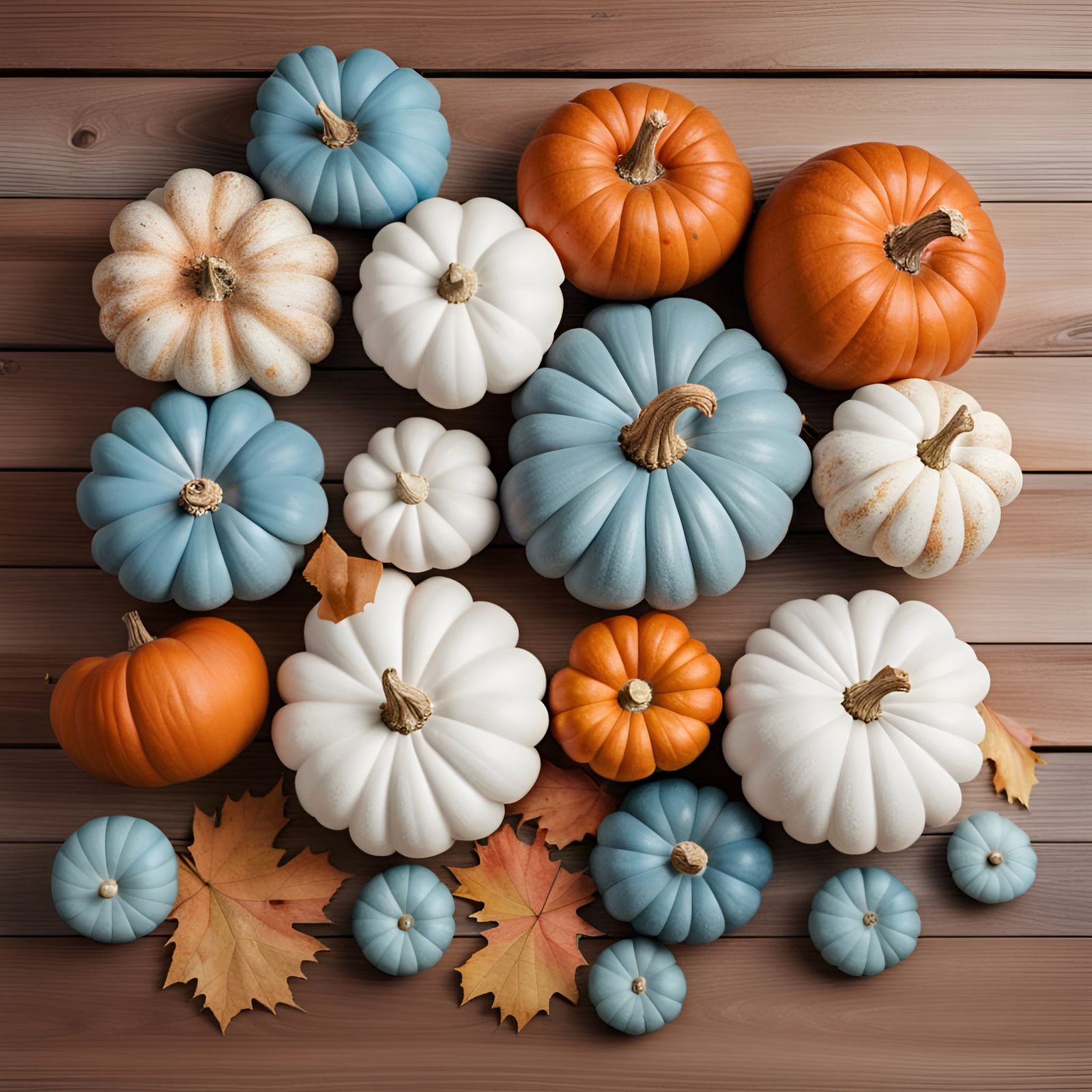 Autumn Pumpkins on Wooden Background Flat Lay