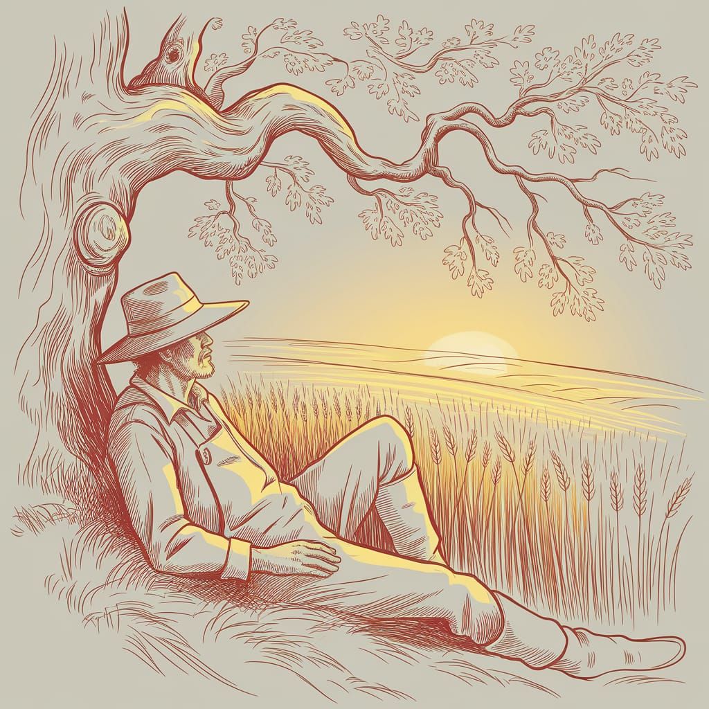 Farmer Resting in Wheat Field Sketch