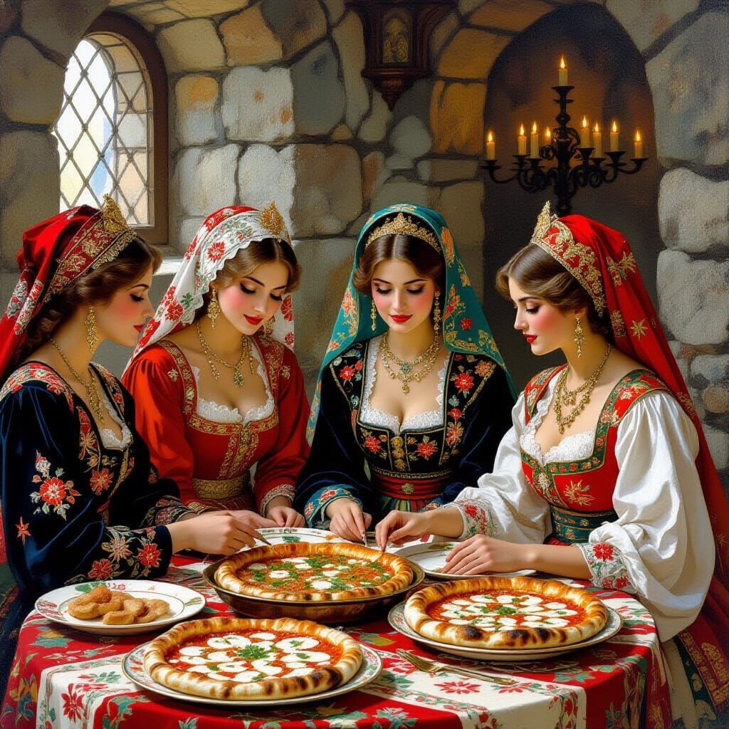 Russian Women Enjoying Turkish Feast, Bilibin Style