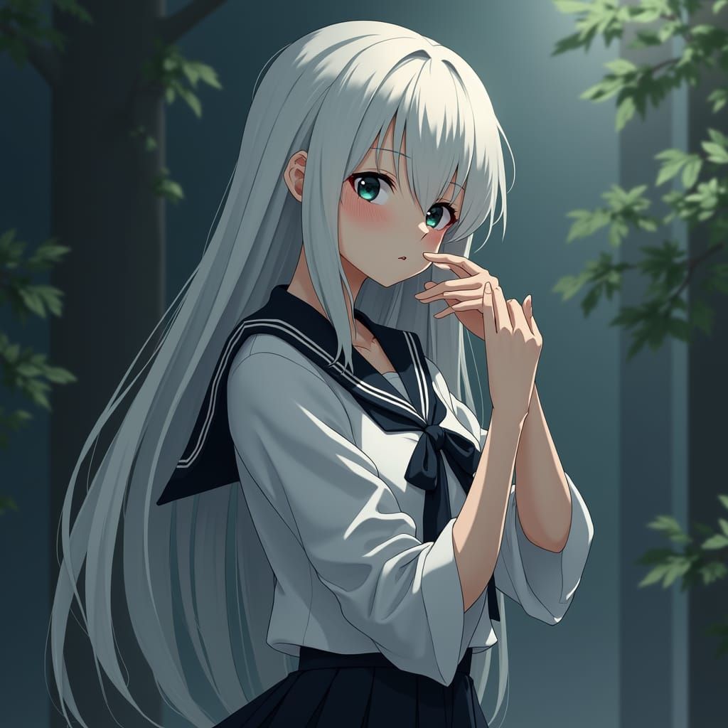 Melancholic Anime Girl in Sailor Uniform, Sorrowful Gaze