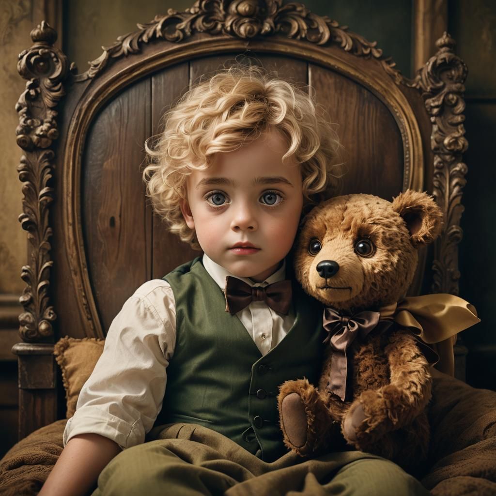 Boy Hugging Bear: Whimsical Matte Painting