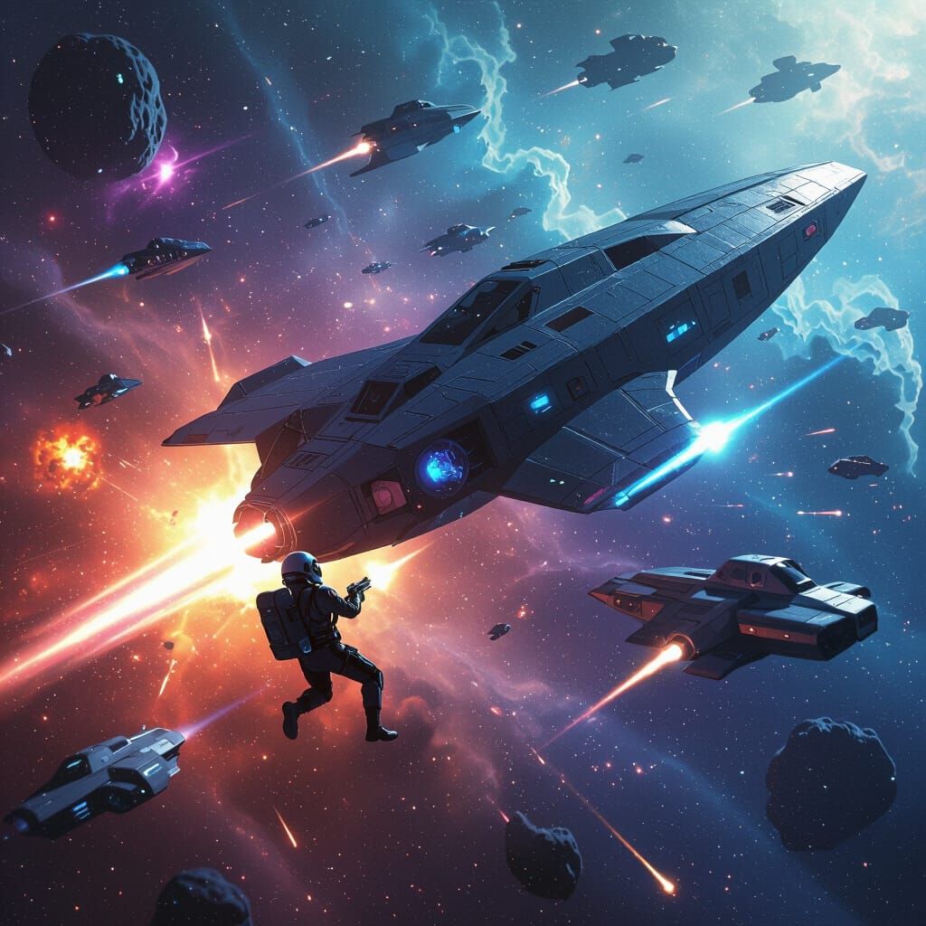 Intense Spaceship Battle in Gritty Sci-Fi Style