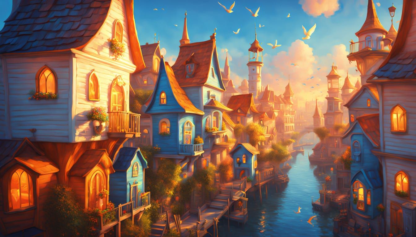 Fantasy Birdhouse City in Oil Painting Style