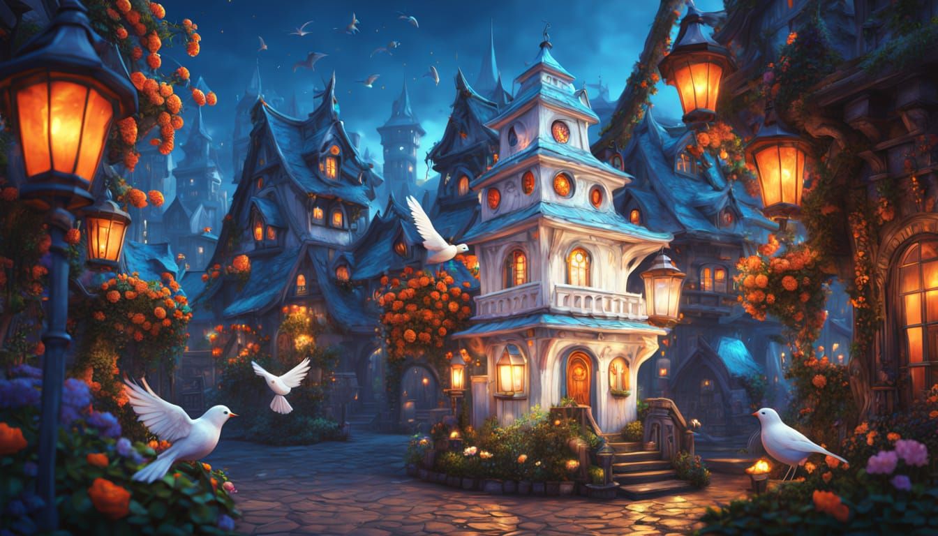 Fantasy Birdhouse Cityscape with Vibrant Colors