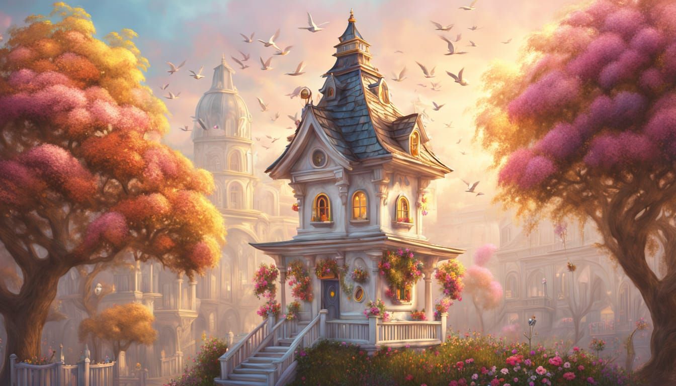 Birdhouse City: A Whimsical Oil Painting