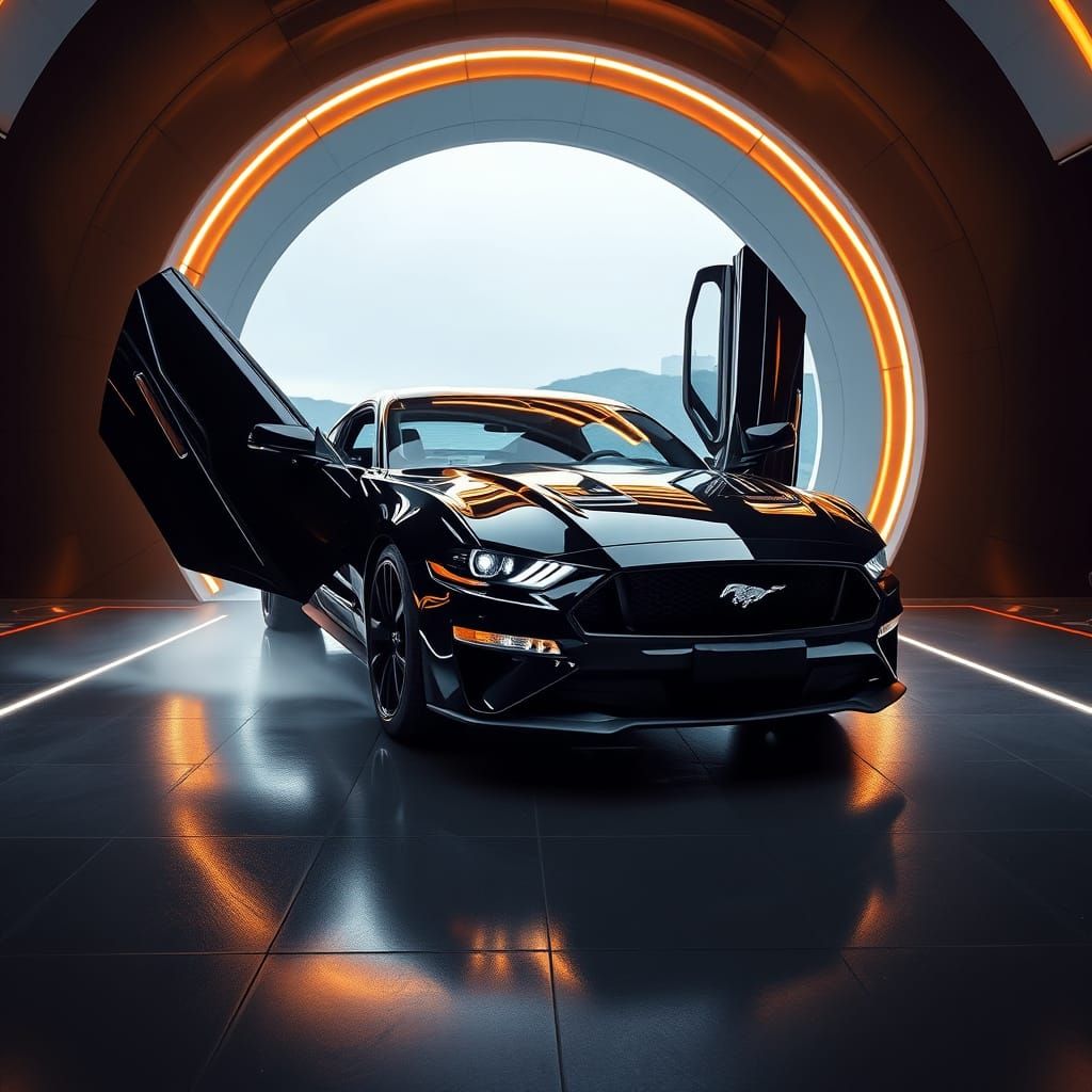 Futuristic Black Mustang Eleanor Emerging from Portal
