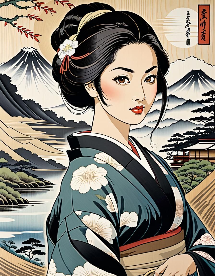 Indonesian Woman in Kimono: Ukiyo-e Woodblock Print