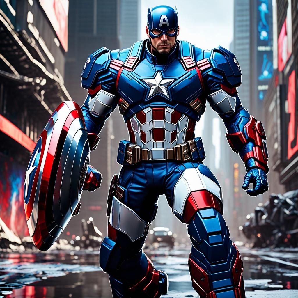 Captain America, intricate mech details, ground level shot, ...