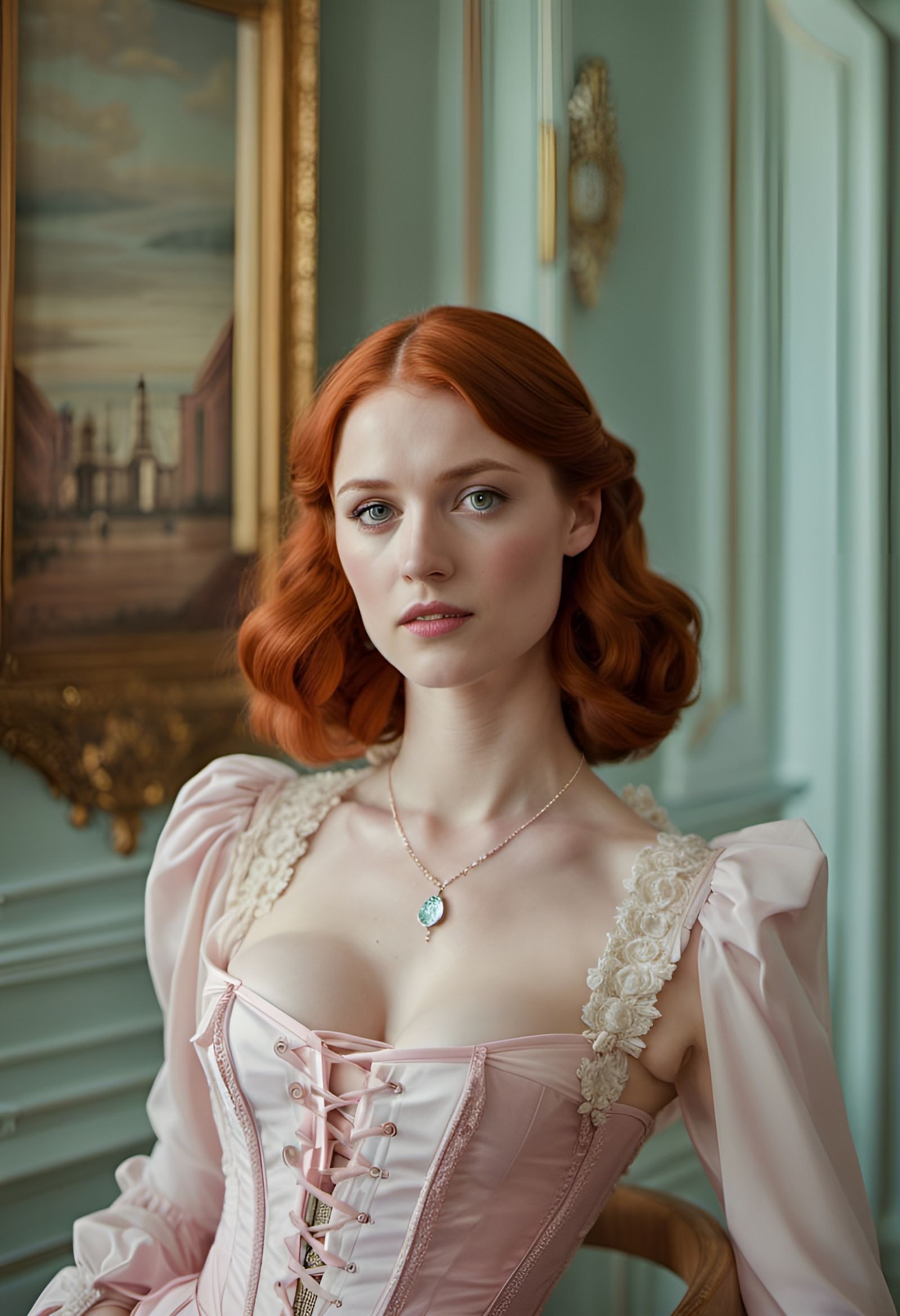 Victorian Redhead in Pastel Pink Corset