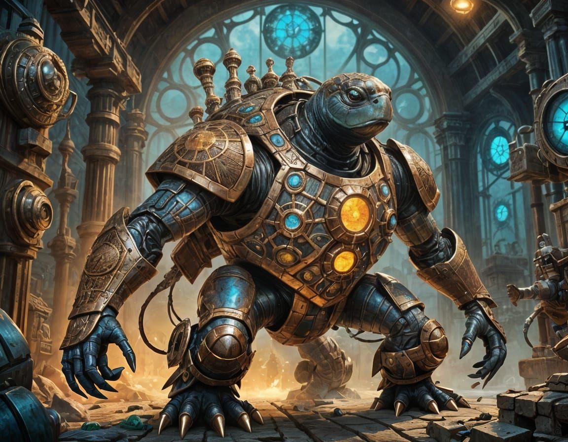 Shield-Wielding Turtle Defends Friends in Clockpunk Fantasy