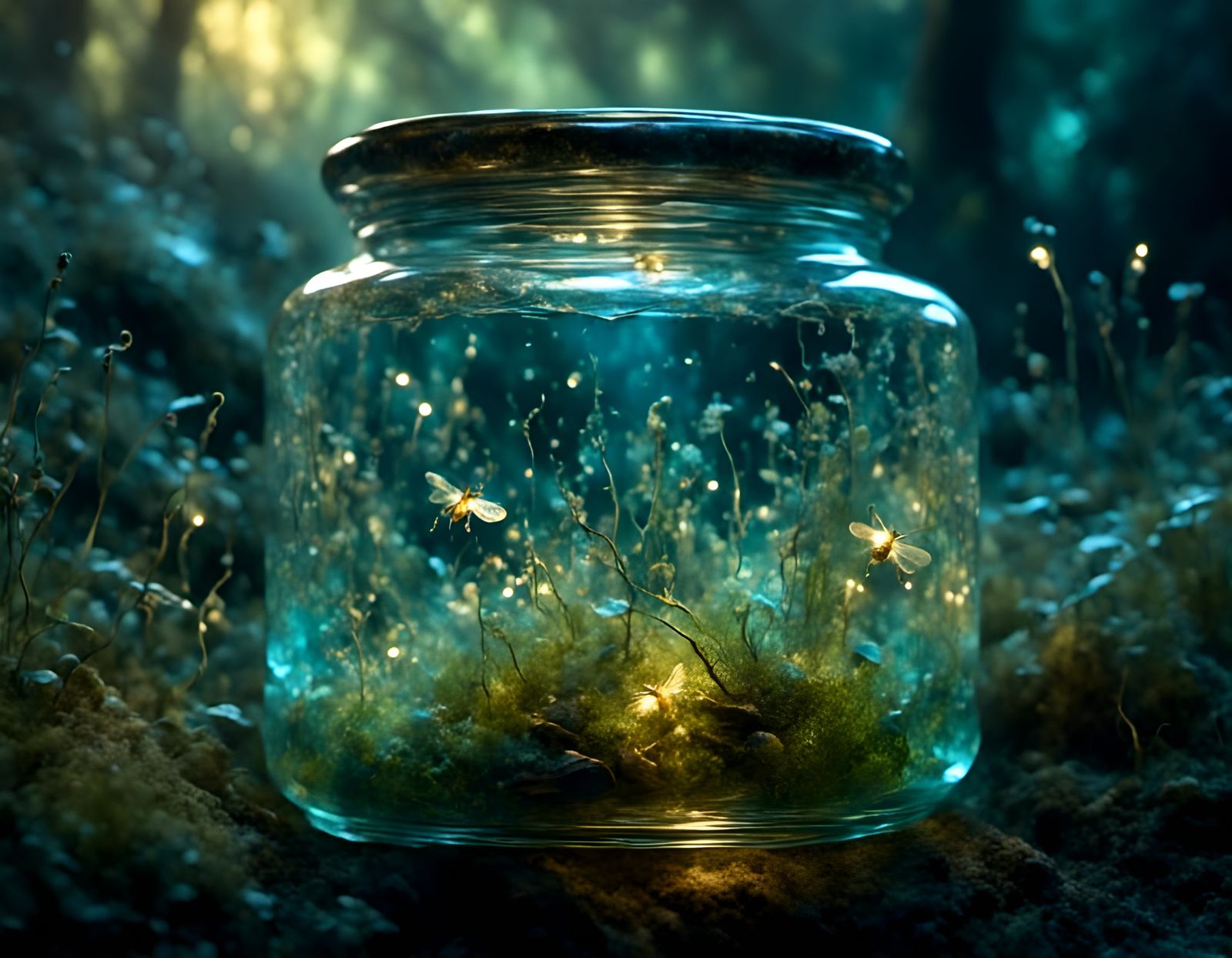 Girl with Fireflies in Magical Forest