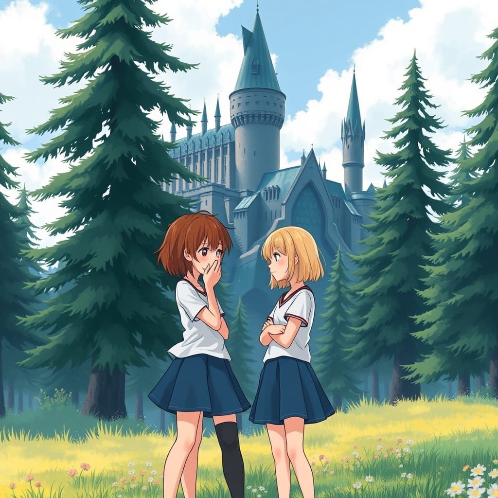 Girls Near Hogwarts in Anime Style