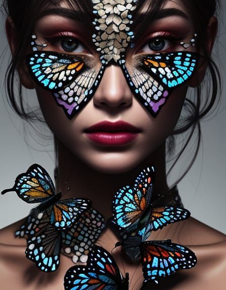 Woman's Face Composed of Butterfly Wings with Candle Reflect...