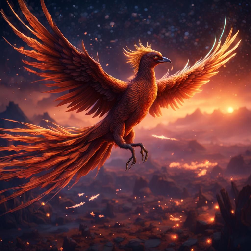 Phoenix Soaring Through Starry Night Sky