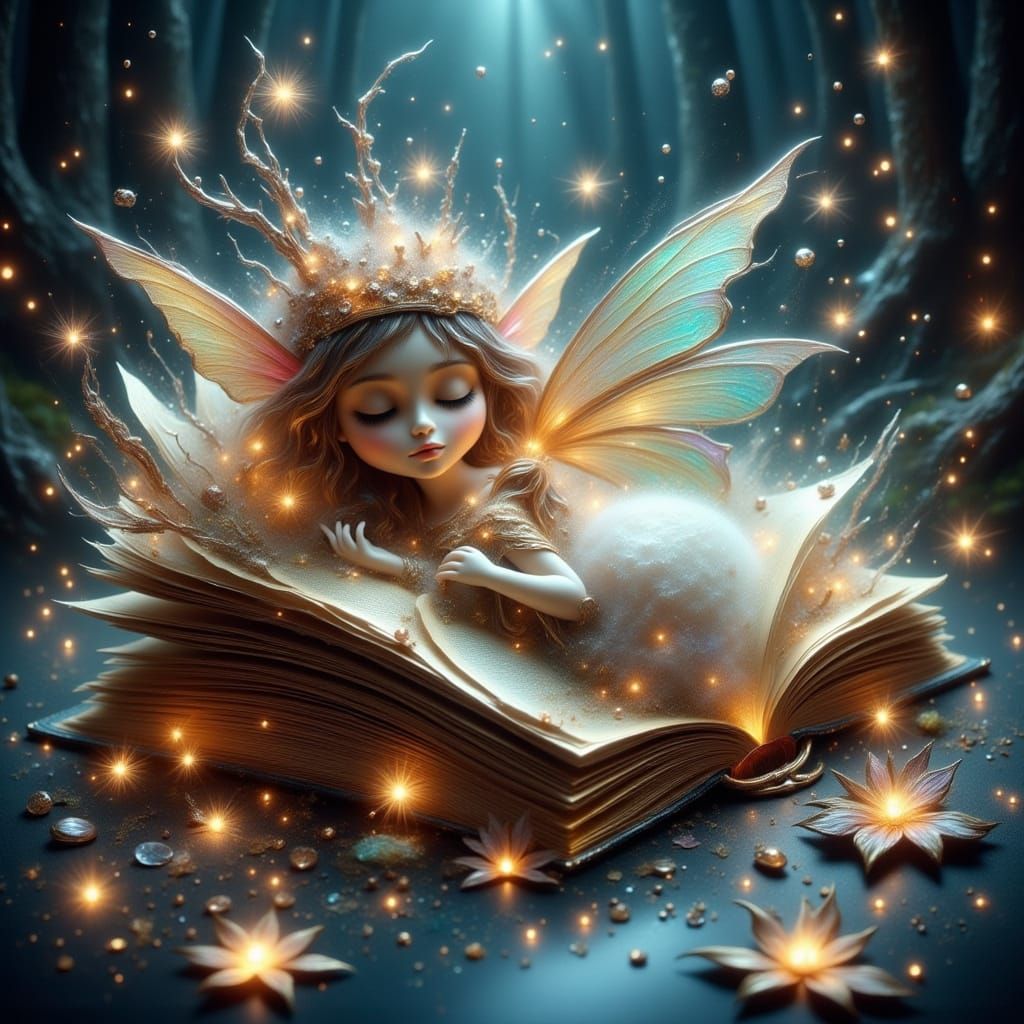 Enchanted Open Book with Sleeping Elf in Fantasy