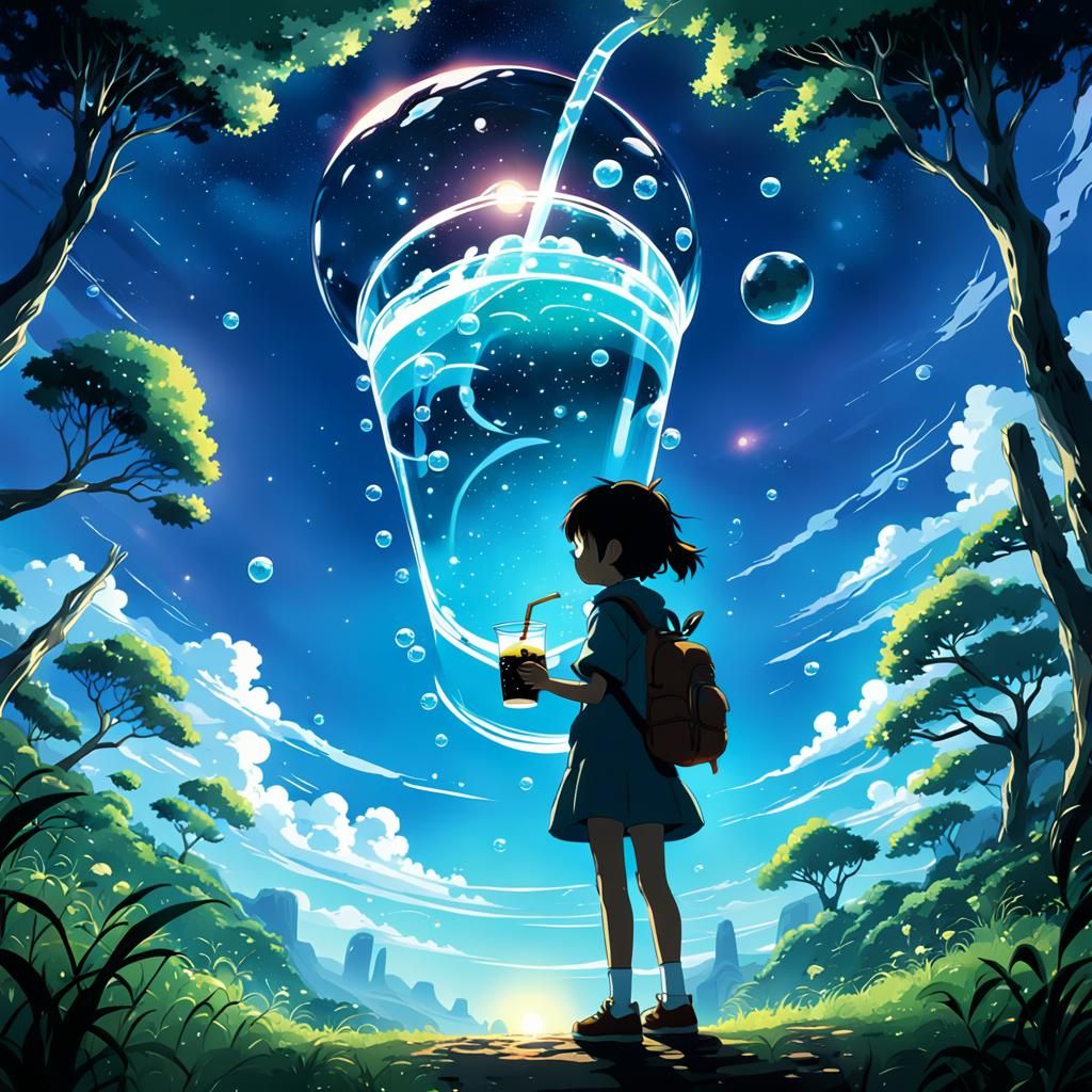 Cosmic Bubble Tea Silhouette in Anime Style
