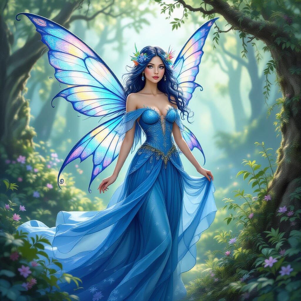 Sapphire Fairy in Whimsical Forest, Fantasy Art