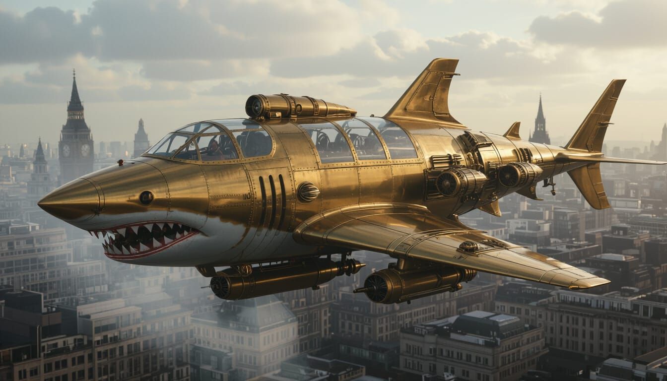 Steampunk Shark Aircraft Over Smoky London