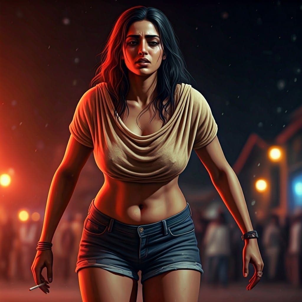 Exhausted Indian Beauty in a Dazzling Nighttime Scene