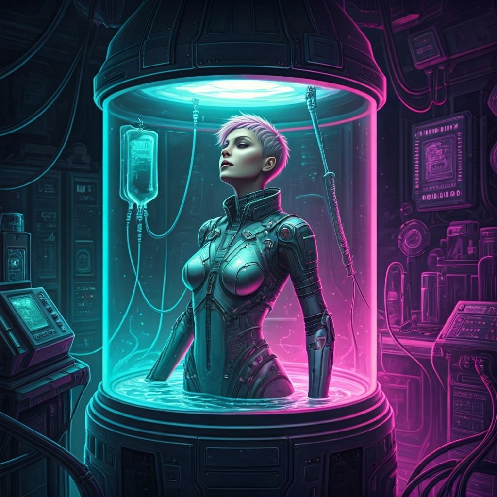 Cyberpunk Woman in Healing Tank: Sci-Fi Laboratory