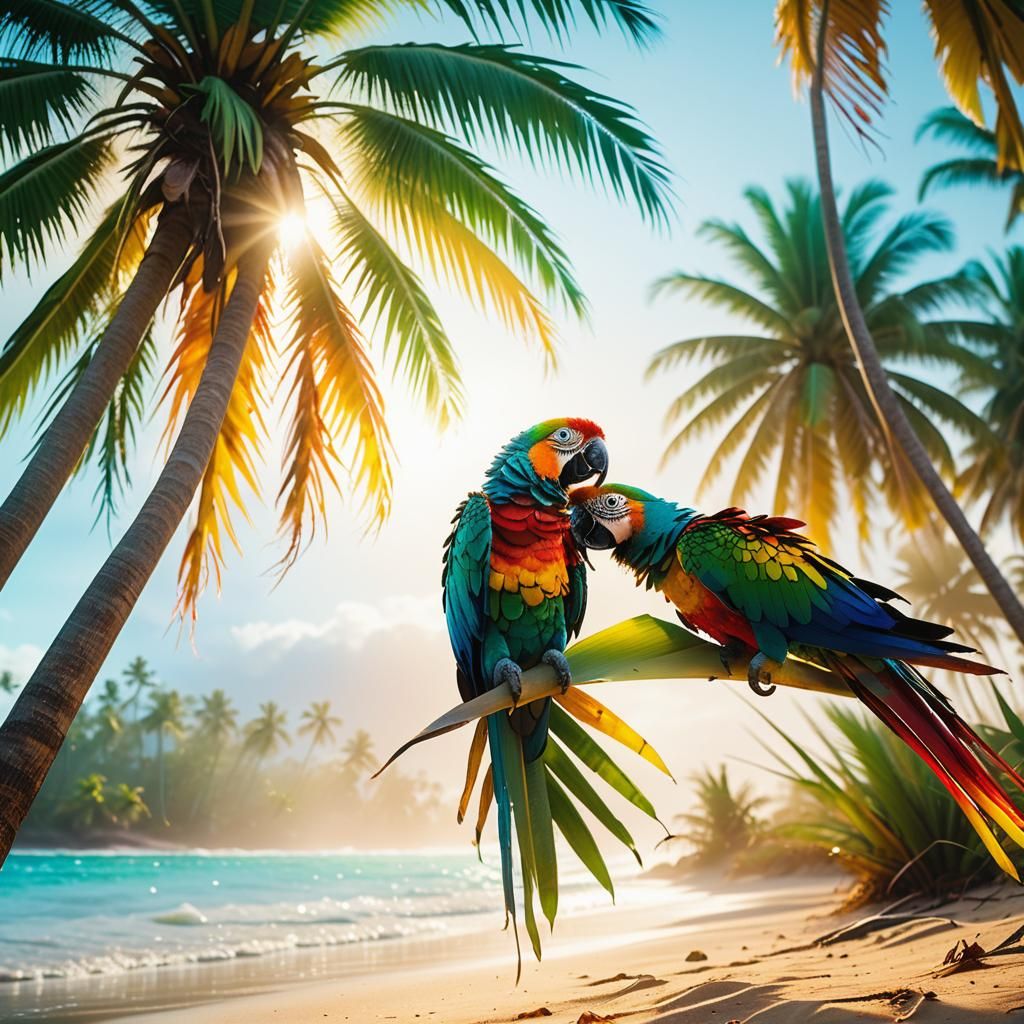 Tropical Beach with Rainbow and Parrots: Cinematic Film Stil...