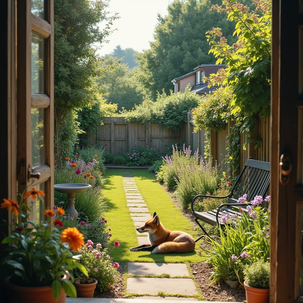 British Garden Scene with Fox Family