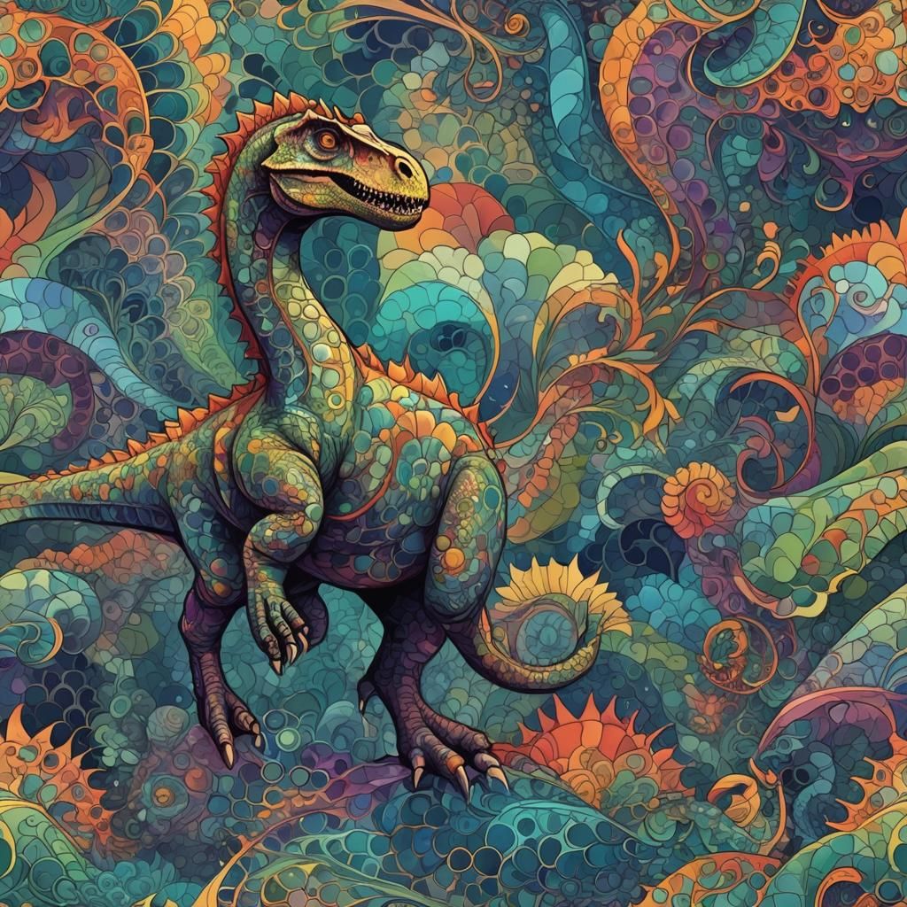 Ethereal Dinosaur in Iridescent Fractal Realm
