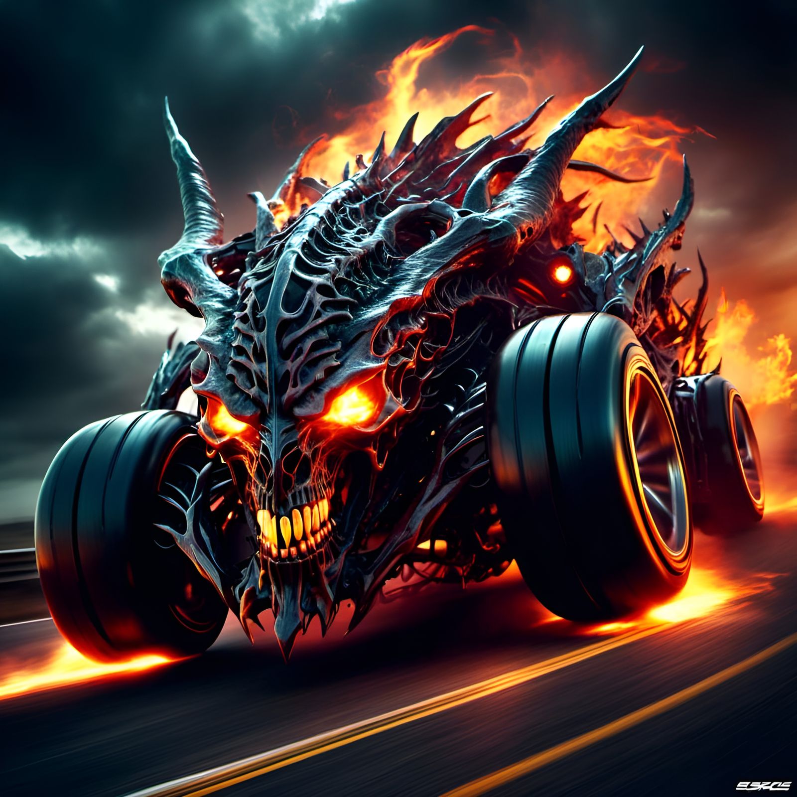 Flaming Dragon Skull Car in Motion
