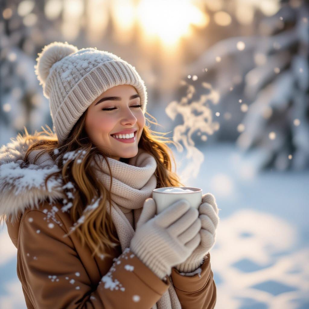 Joyful Woman in Snowy Winter Landscape