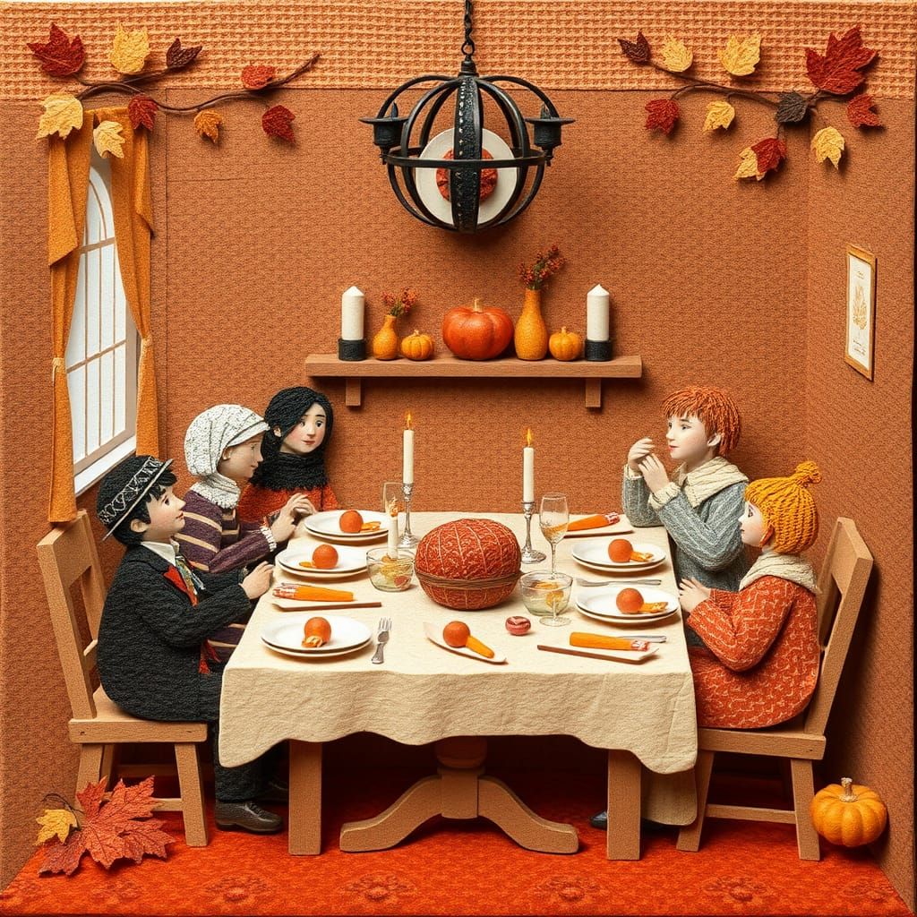 Textured Paper Thanksgiving Dinner Party Scene