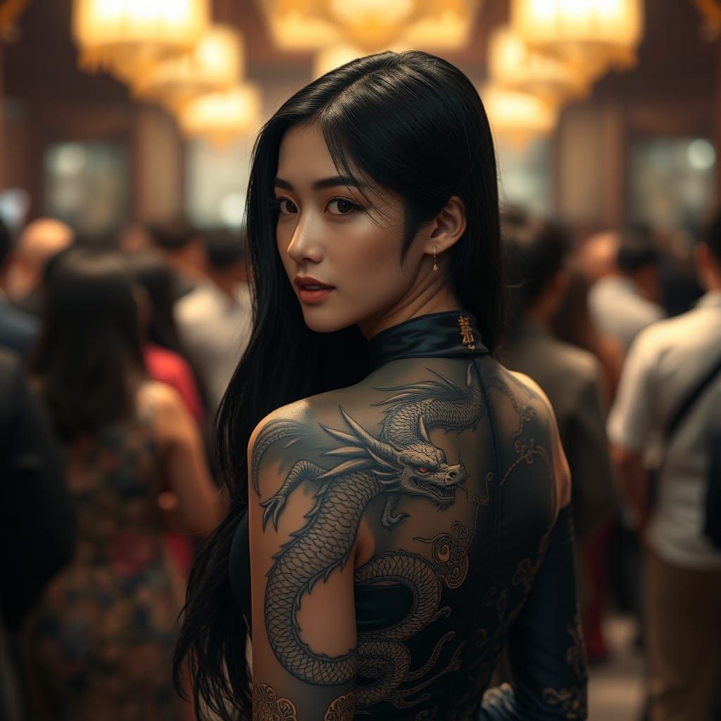 Asian Woman with Dragon Tattoo in Crowded Room