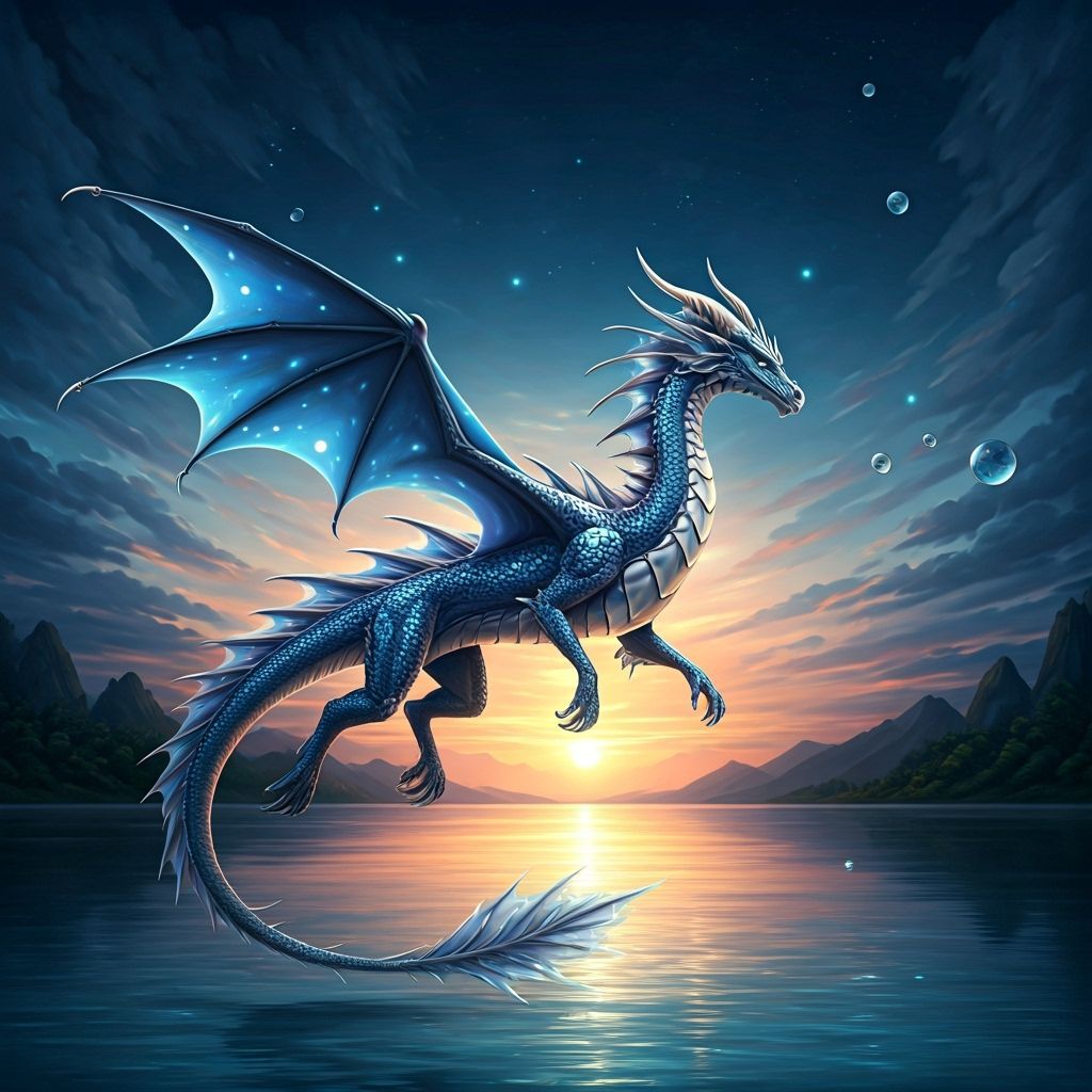 Dragon Soaring Over Crystal Lake in Fantasy Art Style