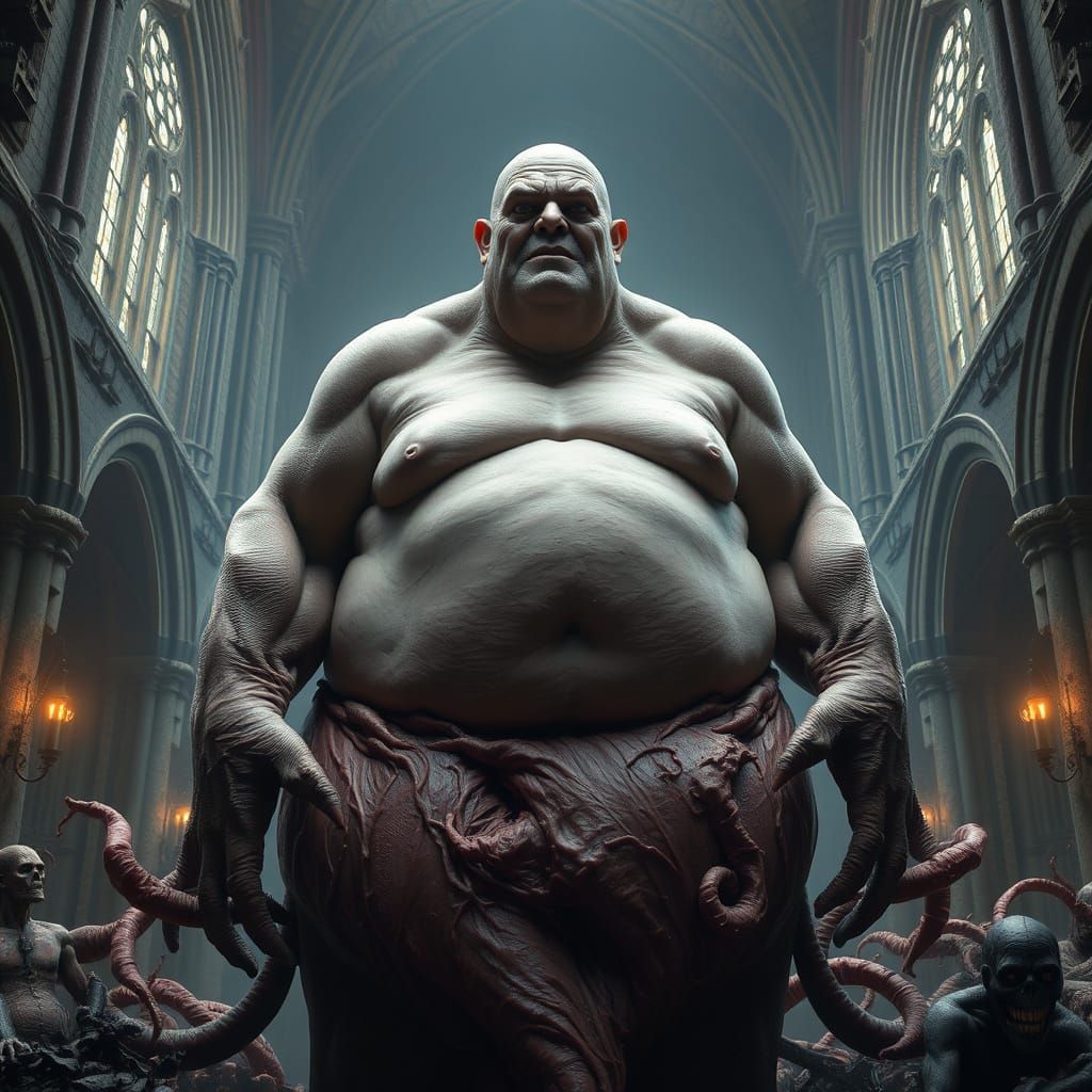 Grotesque, Regal Figure in Ruined Cathedral