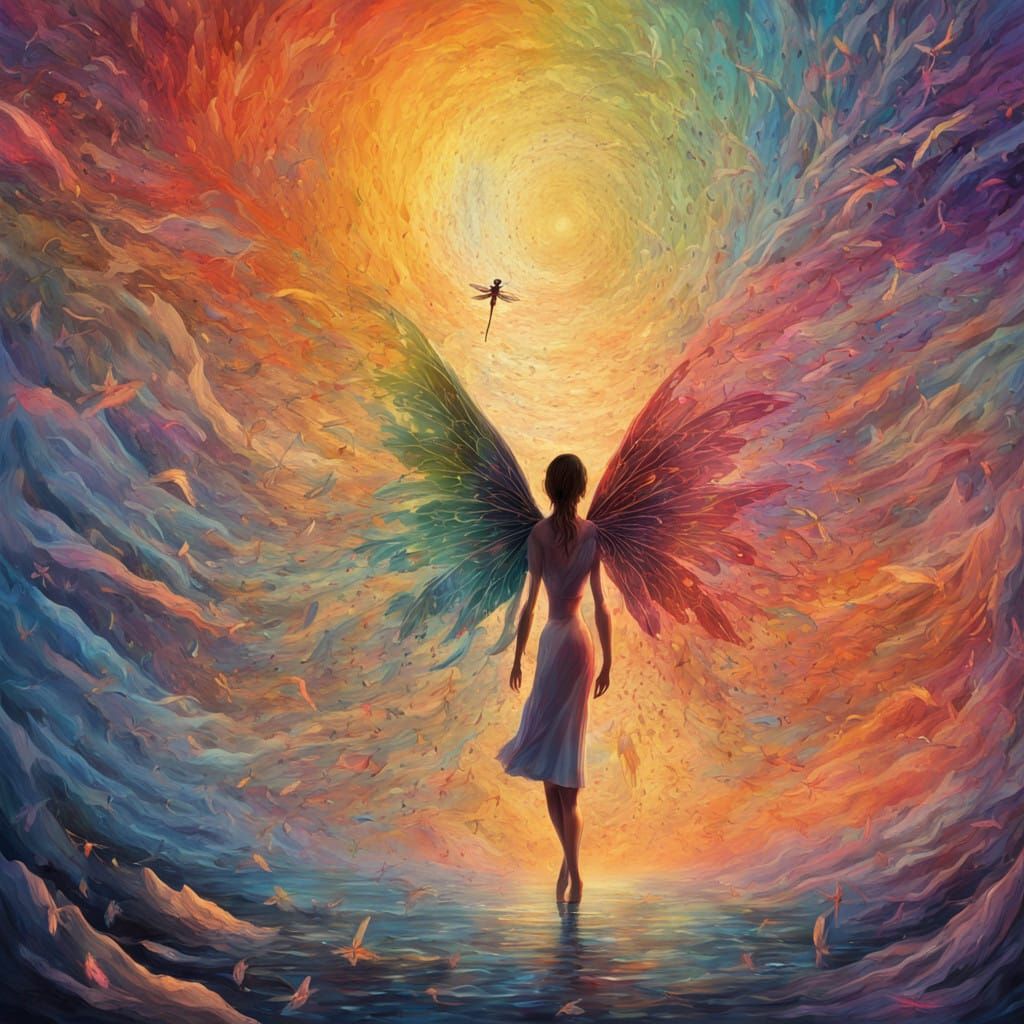 Vibrant Bio Art Digital Artwork with Rainbow Wings and Drago...