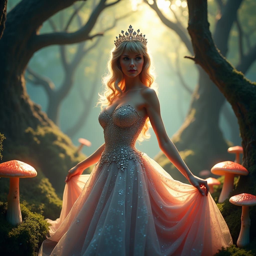 Woman in Gown in Mystical Forest