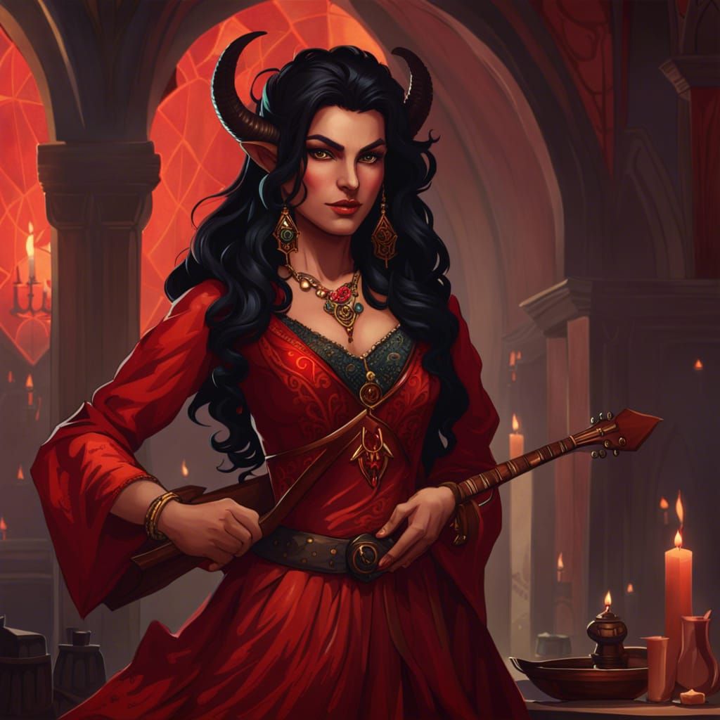 Beautiful Tiefling Bard in Medieval Dress