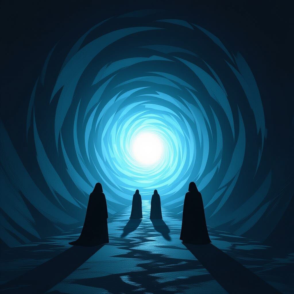 Abstract Tunnel with Ethereal Light and Cloaked Figures