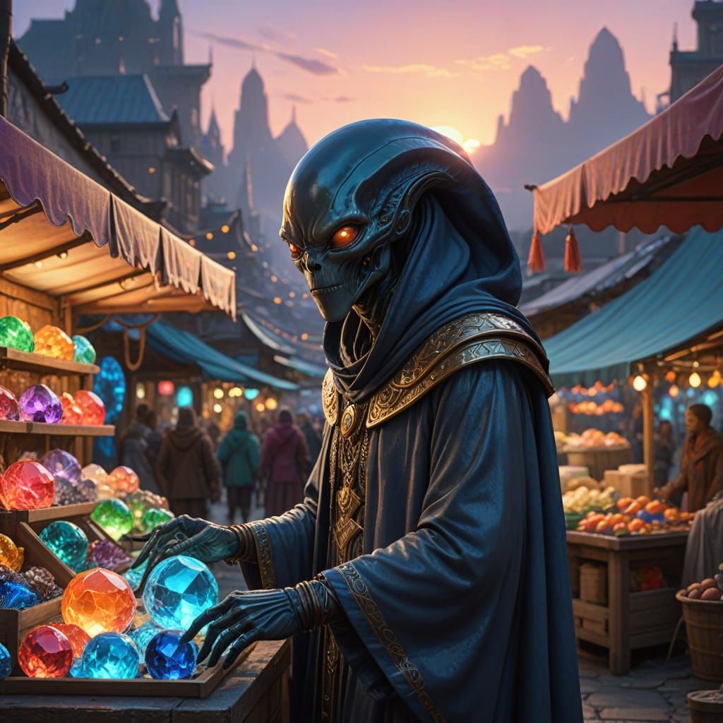 Bustling Alien Market with Exotic Glowing Crystals