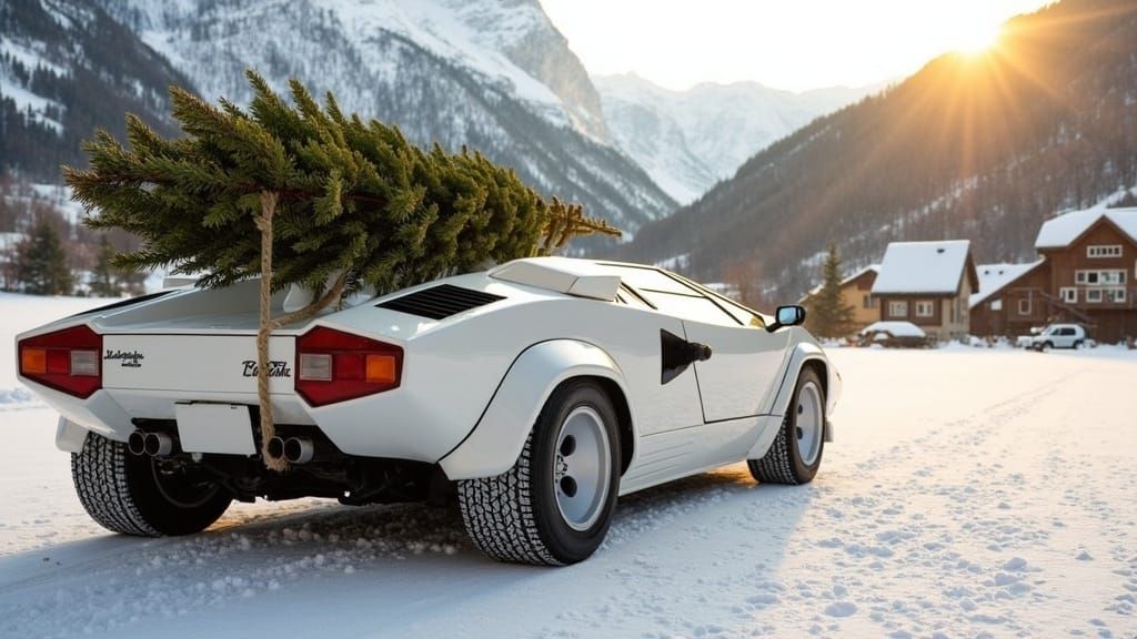 Stunning Winter Scene of a Lamborghini Countach with Christm...