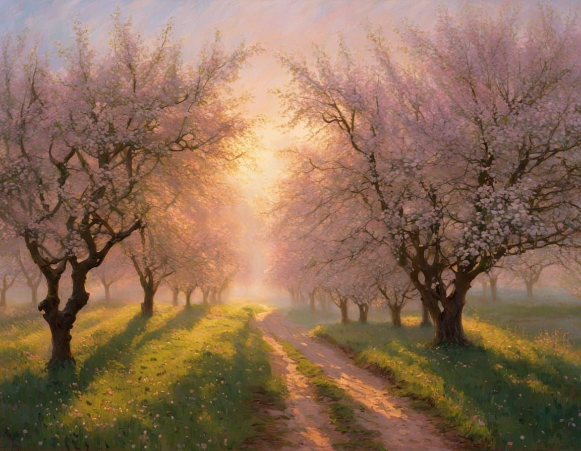 Apple Orchard at Sunrise in Misty Bloom