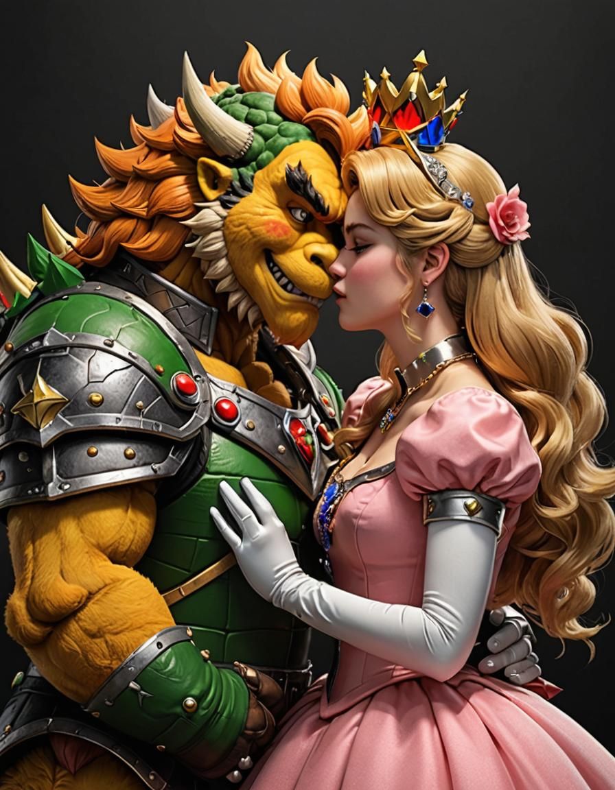 Realistic Image of Bowser Kissing Princess Peach