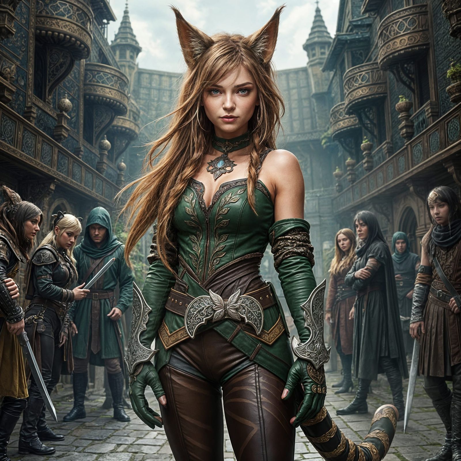 Beautiful Cat-Girl Huntress in Medieval Courtyard