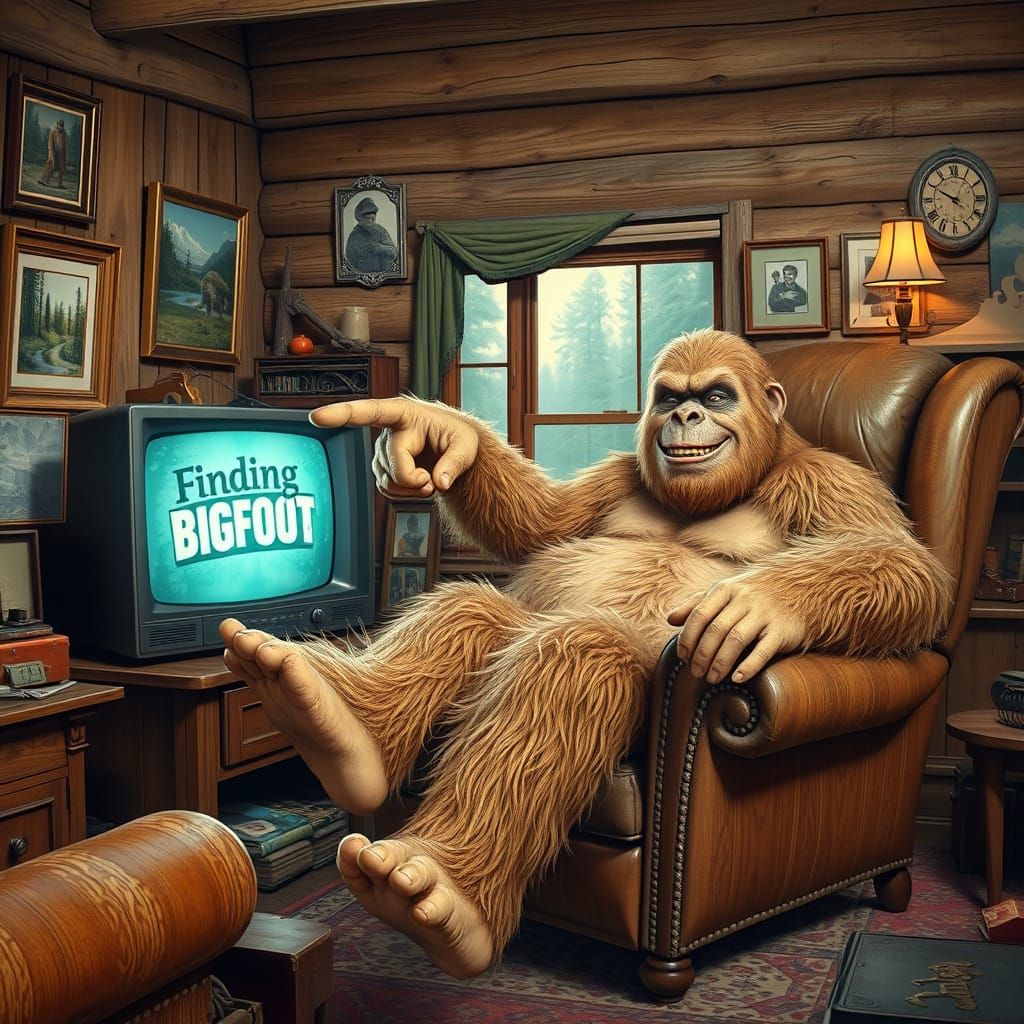 Gigantic Bigfoot Relaxes in Vintage Living Room