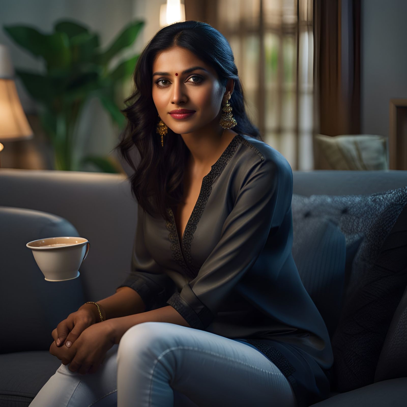 Indian Woman with Tea Cup: Hyperrealistic Portrait